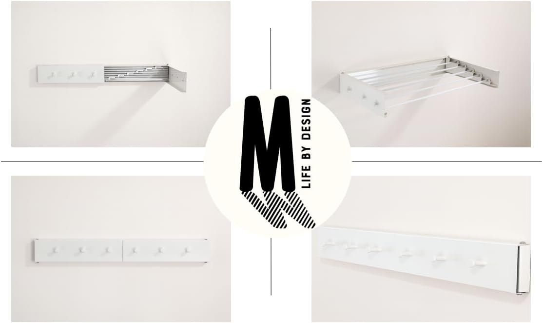 Wall Mounted Laundry Drying Rack, Retractable Clothes Drying Rack, 6 Rods Towel Drying Rack with Wall Template for Installation, Magnetic Dryer Ball Holder with Dryer Balls, White