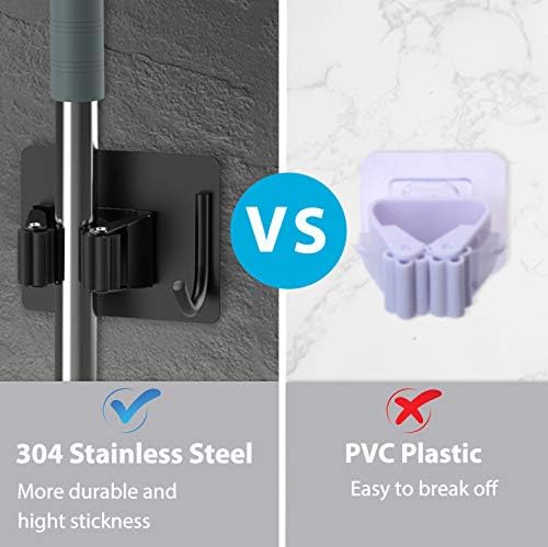 Mop Broom Holder No Drill, Mop Broom Organizer Wall Mounted Heavy Duty with Hooks Hanger, Self Adhesive Stainless Steel 6Pcs for Bathroom, Kitchen, Office (Black)