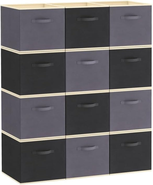 Lifewit 12 Packs Storage Cubes, 11 Inch Cube Storage Bins, Foldable Decorative Fabric Storage Baskets for Organizing Home Organizers with Handles for Shelves, Closet, Gray&Black
