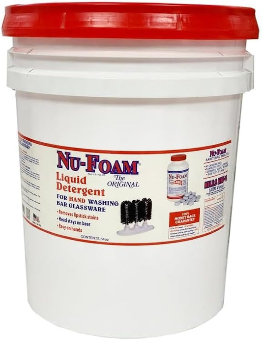 Nu-Foam Liquid Detergent for Bar Glassware – Original Streak-Free Solution - Hand Washing Bar, Tavern, Brewery Supplies - Spotless Serving Glasses - Concentrated- Easy On Hands - 5 gallon Pail