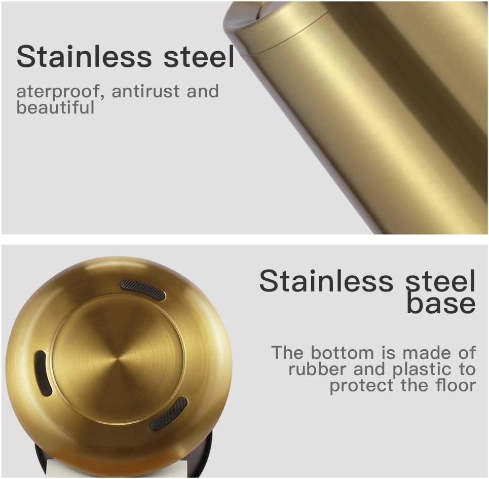 Household Swing Gold Bathroom Trash Can，Brushed Stainless Steel，10 L/3 Gallen，Garbage Can with Flipping Lid， for Indoor or Commercial Use, Kitchen,Modern，Living Room,Bedroom
