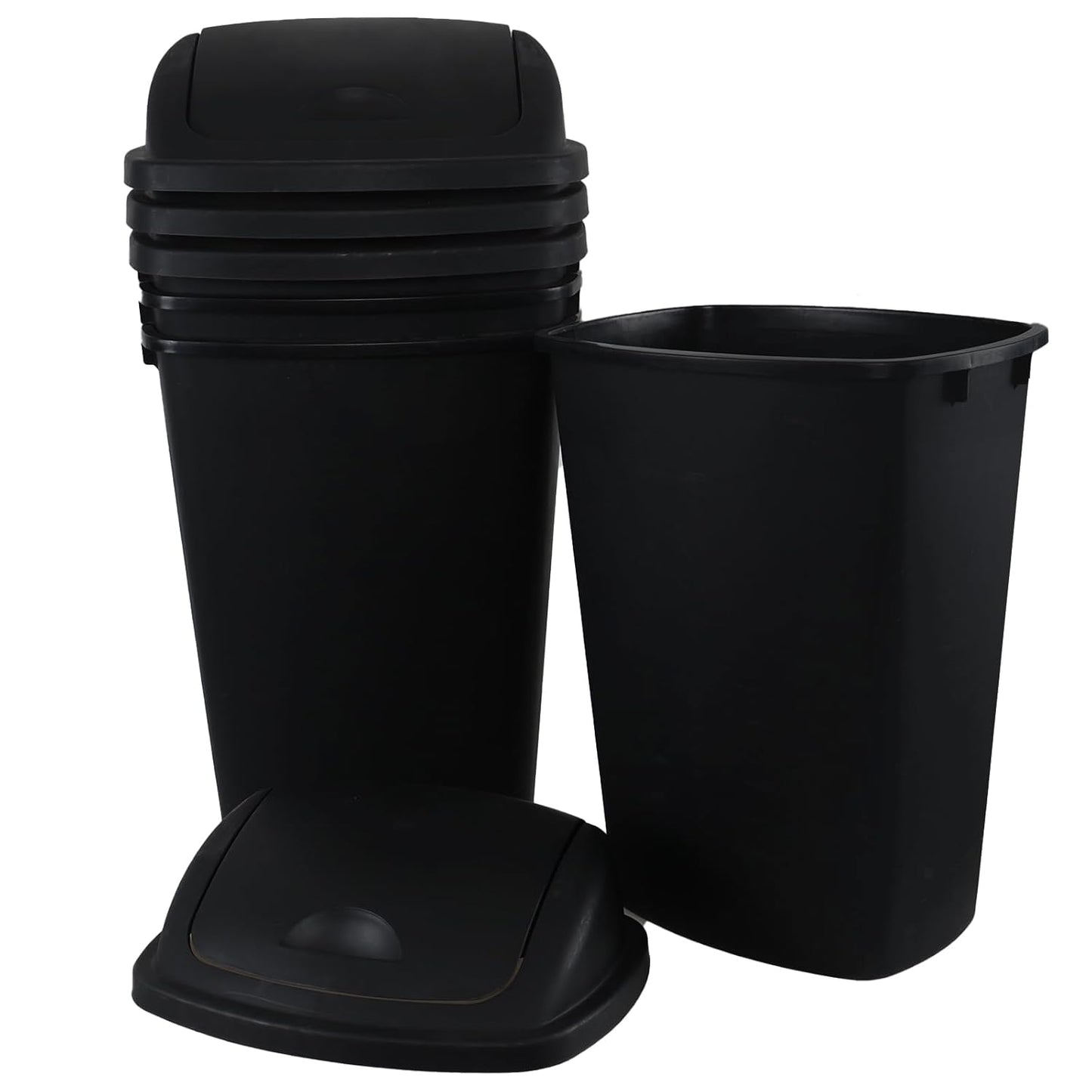 13 Gallon Swing Top Lid Garbage Cans, Large Plastic Kitchen Trash Can Set of 4, Black