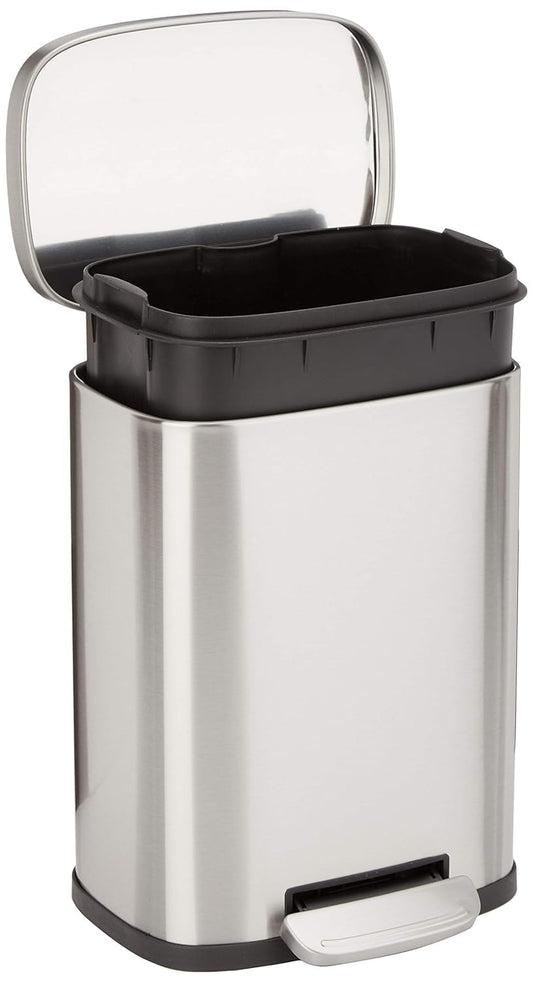 Amazon Basics Smudge Resistant Mini Rectangular Trash Can With Soft-Close Foot Pedal, Brushed Stainless Steel, for Bathroom & small space, 5 L /1.32 Gal, Satin Nickel Finish, 7.3x8.5 x11.8 in (LxWxH)