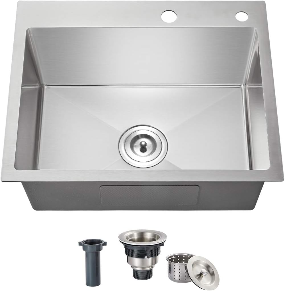 23x18 Inch Kitchen Sink, Handmade 304 Stainless Steel Sink, 9" Deep Single Bowl with Brushed Finish, Topmount with 2 Holes, R10 Tight Corner, for Modern Kitchen/RV/Outdoor Sink
