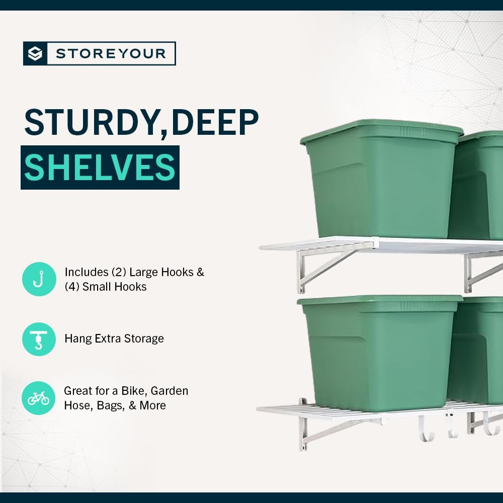 StoreYourBoard 2-Pack Heavy Duty Wall Shelves – Wall-Mounted Garage Storage Shelving and Organization for Sheds, Closets, or Utility Rooms – Holds 200 lbs, 1ft x 4ft, White