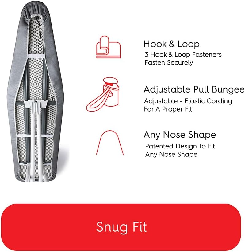 TIVIT Ironing Board Cover 17 x 49, Made in Italy. Pro Grip Pad Covers w/3 Fastener Straps & Pull Bungee Cord - Durable Scorch & Stain Resistant Padded Layers, Heat Reflective AlumiTek PRO Top Coat