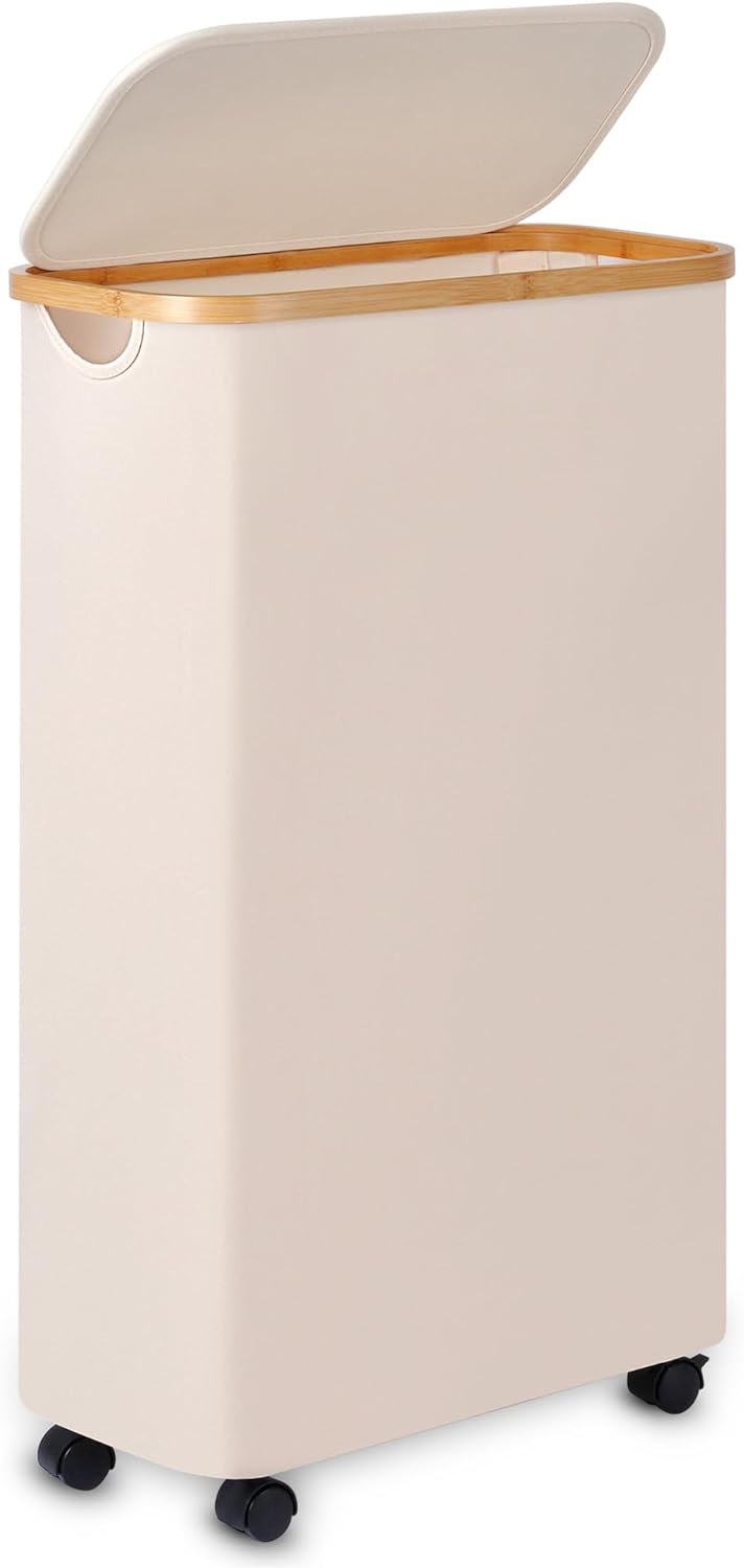 Slim Laundry Basket with Wheels,Narrow Hampers for Laundry,Freestanding Laundry Hamper with Lid&Bamboo Handles,Collapsible & Waterproof Tall Cloth Hamper for Dorm Family(60L Beige)