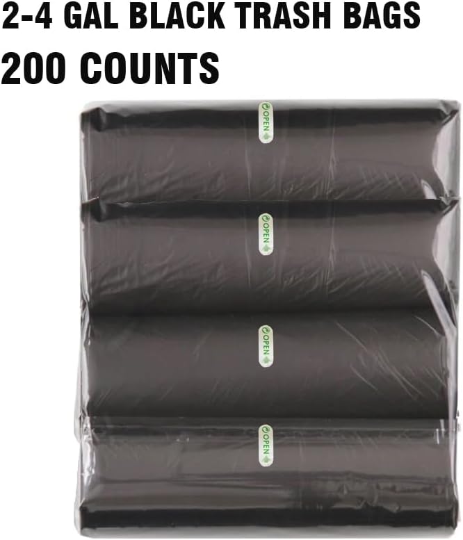 2-4 Gallon Trash Bags, 200 Count Black Garbage bags, Small Trash Can Bin Liners for Bathroom, Office, Industrial, Commercial, Janitorial, Municipal, Recycling…