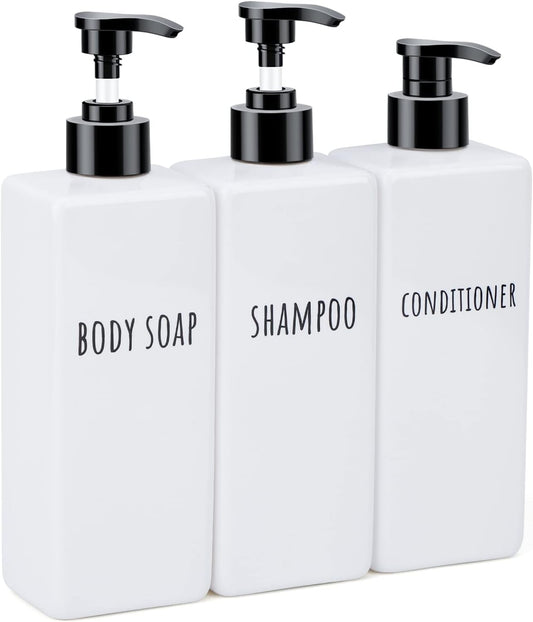 Segbeauty Plastic Soap Dispenser, 3pcs 16.9oz Refillable Shampoo Bottles White, 500ml Empty Square Pump Press Bottle Shower Dispenser Lotion Container for Modern Bathroom Hotel Kitchen