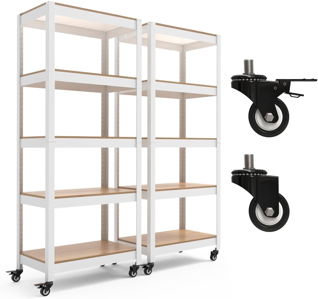 HOMEDANT House White 5-Tier Metal Rolling Cart Shelf Rack Casters Heavy Duty Wheel Shelving Unit Adjustable Utility Storage Shelves Organizer Shelf Kitchen Garage 24.4" W x 16.5" D x 62.2" H 2Pack