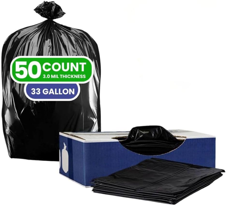 Plasticplace Contractor Trash Bags 33 Gallon - 3.0 Mil, Heavy Duty Garbage Bag 33” x 39”, Black, 50 Count