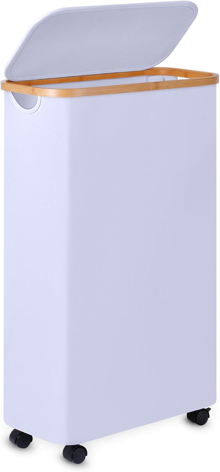 Slim Laundry Basket with Wheels,Narrow Hampers for Laundry,Freestanding Laundry Hamper with Lid&Bamboo Handles,Collapsible & Waterproof Tall Cloth Hamper for Dorm Family(60L White)