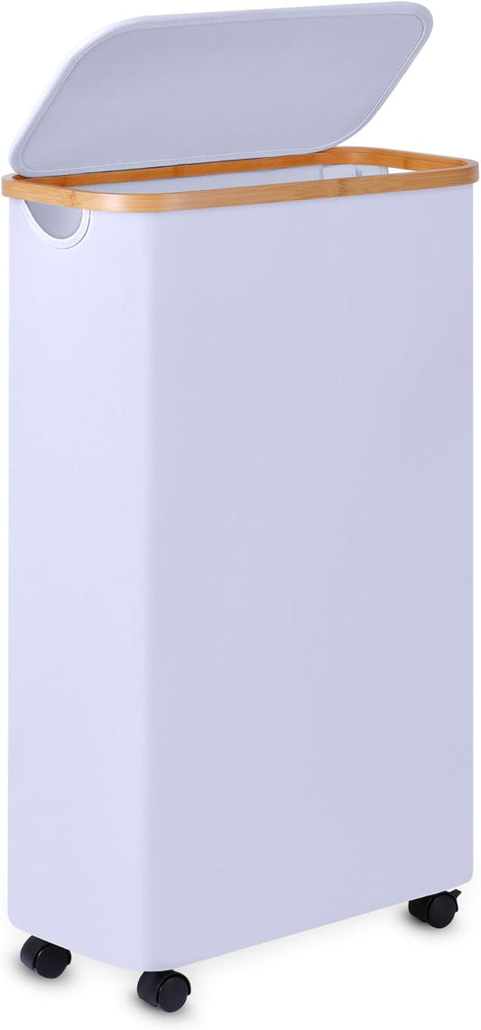 Slim Laundry Basket with Wheels,Narrow Hampers for Laundry,Freestanding Laundry Hamper with Lid&Bamboo Handles,Collapsible & Waterproof Tall Cloth Hamper for Dorm Family(60L White)