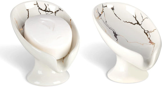 Soap Dish Set, Self Draining Bar Soap Holder for Bathroom Sink, Leaf Shaped Drainage Ceramic White Marble Porcelain Soap Dishes, Kitchen Decorative Soap Dish 2PACK, ANTIS'S HOME