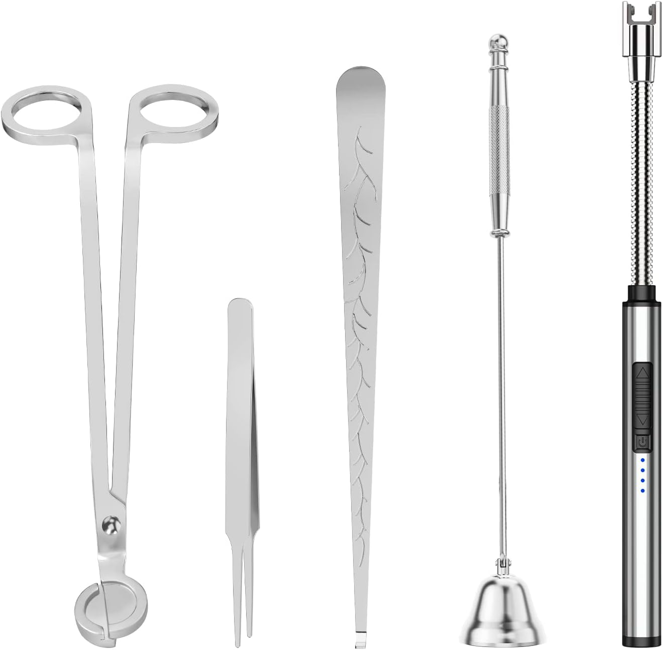 5 in 1 Candle Accessory Set,Candle Wick Trimmer Cutter,Candle Wick Dipper,Candle Wick Snuffer,Rechargeable Candle Lighter,Tweezers,Stainless Steel Candle Care Kit Home Gift for Aromatherapy(Silver)