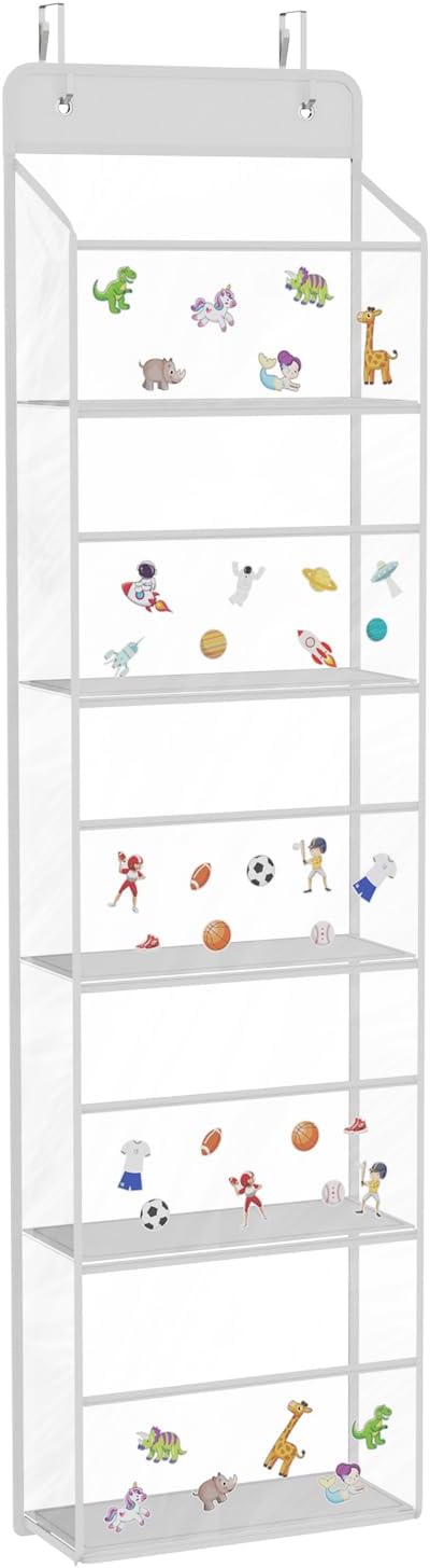 Univivi 5-Shelf Fabric Door Storage Over Door Hanging Organizer with 5 Clear Plastic Pockets & 2 Big Metal Hooks Nursery Closet Cabinet Wall Mount Hanging Storage Organizers for Baby Nursery