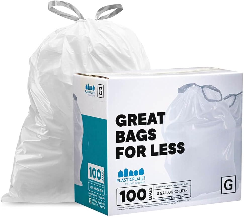 Plasticplace Custom Fit Trash Bags, Compatible with simplehuman Code G (100 Count) White Drawstring Garbage Liners 8 Gallon / 30 Liters, 17.5" x 28"