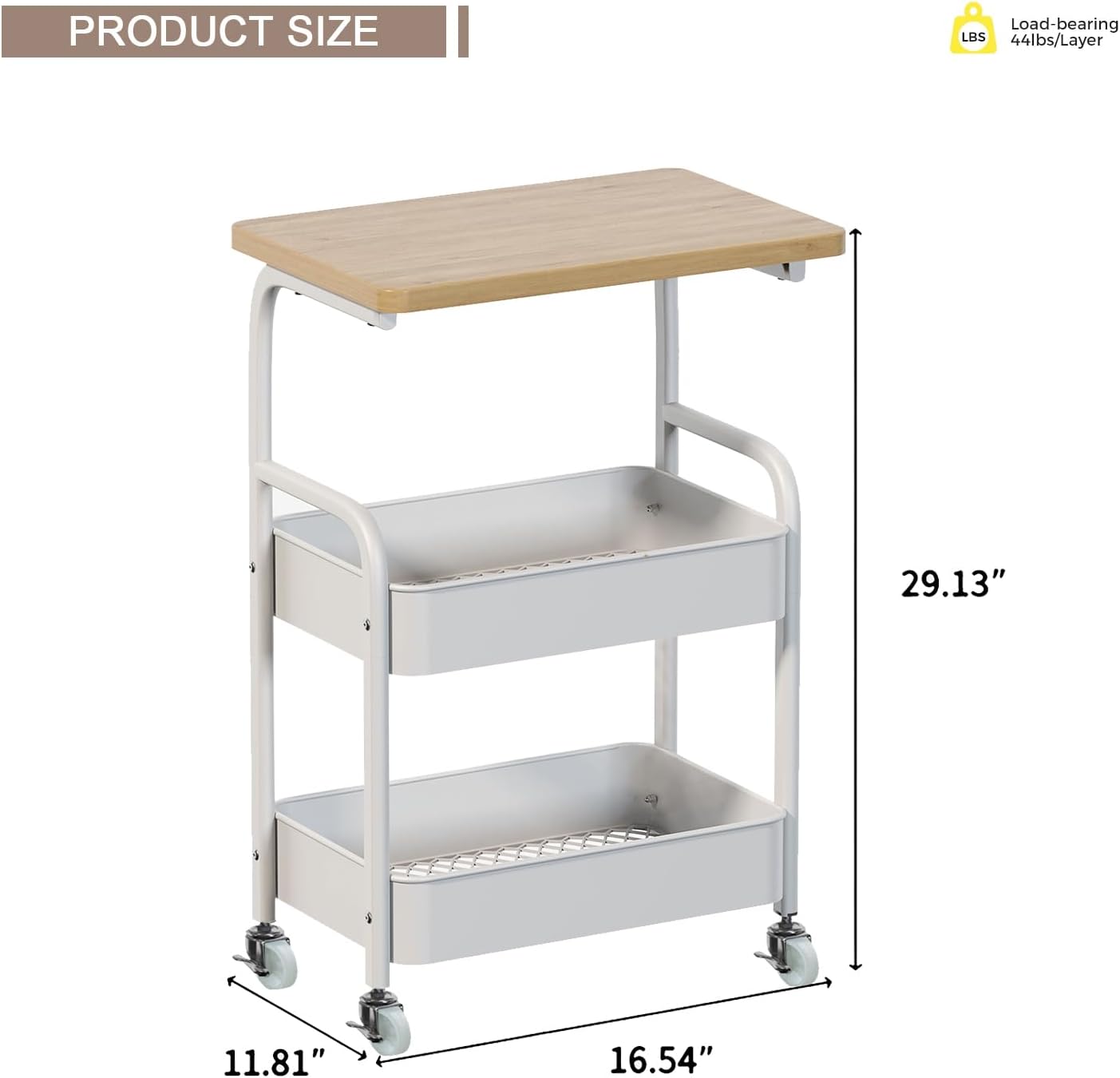 Rolling Cart with Wooden Tabletop 3-Tier Metal Utility Rolling Cart Storage Organizer with Lockable Wheels for Kitchen, Office, Bedroom