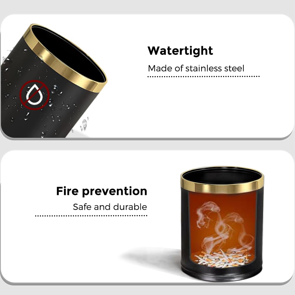 10L/2.6GAL Black and Gold Open Top Trash Can - Metal Trash Bin Without Lid for Office, Hotel, Store, Restaurant