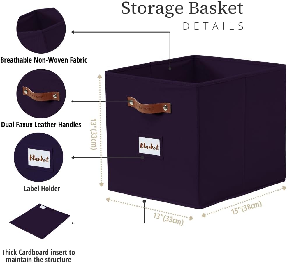 DECOMOMO Storage Baskets, 13x15x13 Storage Cube Bins with Labels for Organizing Shelves Kallax (Kallax / 4pcs, Deep Purple)