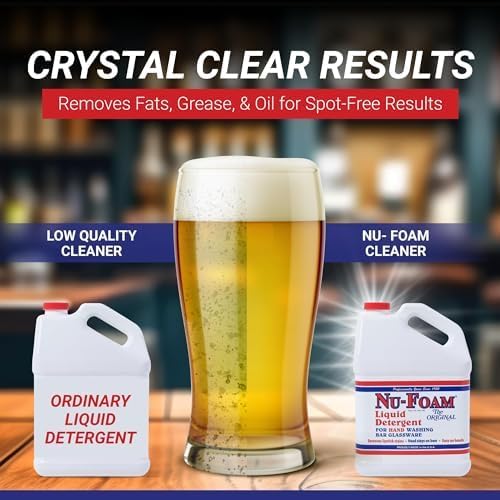 Nu-Foam Liquid Detergent for Bar Glassware – Original Streak-Free Solution - Hand Washing Bar, Tavern, Brewery Supplies - Spotless Serving Glasses - Concentrated- Easy On Hands - 1 Gallon- 4 Pack Case