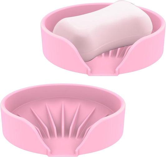 Self Draining Soap Dish, Silicone Suction Cup Soap Holder Tray Savers Container Sponge Holder for Bar Bathroom Shower Kitchen Sink, Can Extend Soap Life (2, Pink)