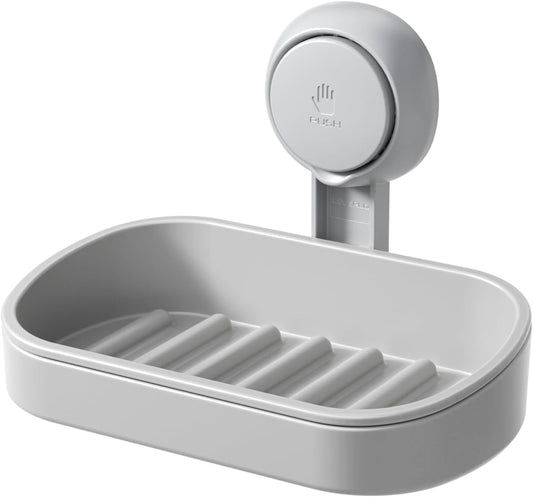 LEVERLOC Soap Dish Holder for Shower Suction Cup Wall Mounted Self Draining NO-Drilling Removable Bar Soap Sponge Holder for Bathroom Bathtub Kitchen Sink Waterproof Strong Vacuum Suction, Grey