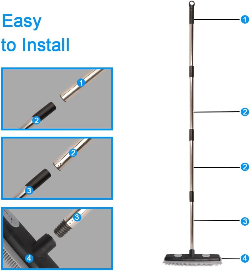 Pet Hair Rubber Broom with Carpet Rake and Squeegee, 2 in 1 Floor Brush for Carpet, 58 inch Adjustable Handle,Silicone Broom Black