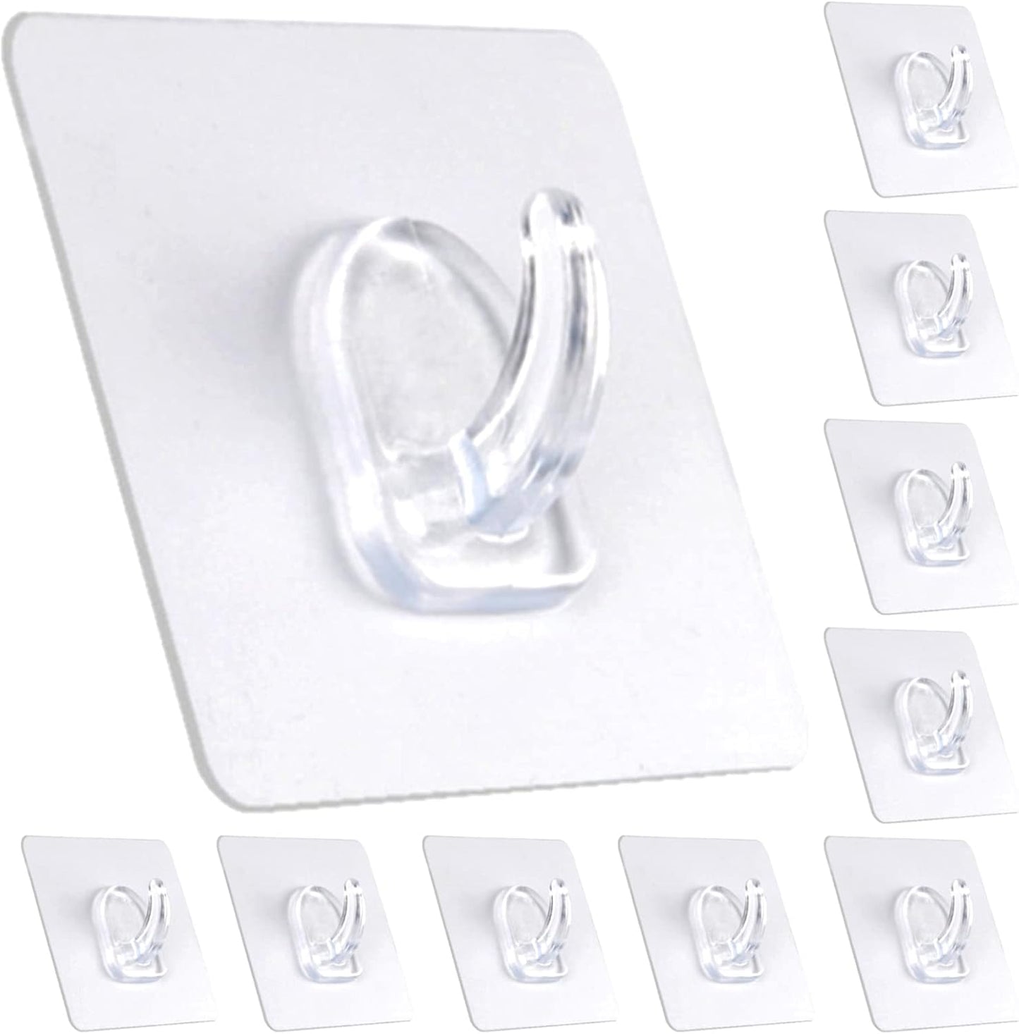 Adhesive Hooks, Heavy Duty Utility Hooks 20 lb(Max) Waterproof and Oilproof Removable, Clear Seamless Hooks Reusable Wall Hook for Kitchen Bathroom Bedroom Office - 10 Pack