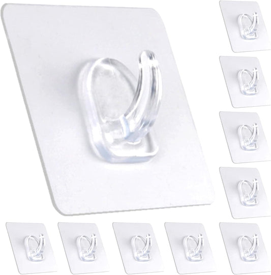 Adhesive Hooks, Heavy Duty Utility Hooks 20 lb(Max) Waterproof and Oilproof Removable, Clear Seamless Hooks Reusable Wall Hook for Kitchen Bathroom Bedroom Office - 10 Pack