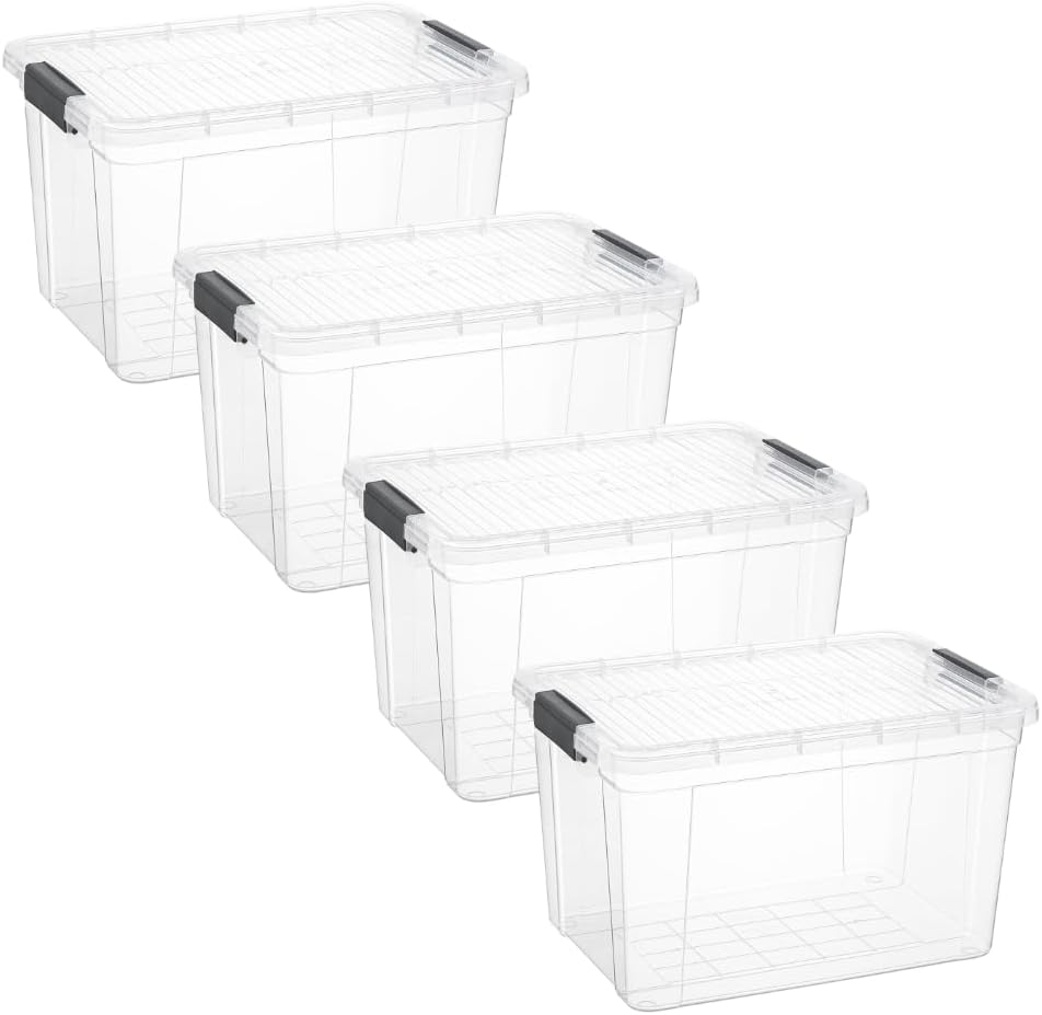 Superio Storage Bins with Lids, Clear Plastic Containers for Organizing, Stackable Totes, BPA Free, Odor Free, Organizer Boxes for Home, and Dorm (4 Pack, 14.7 Qt)
