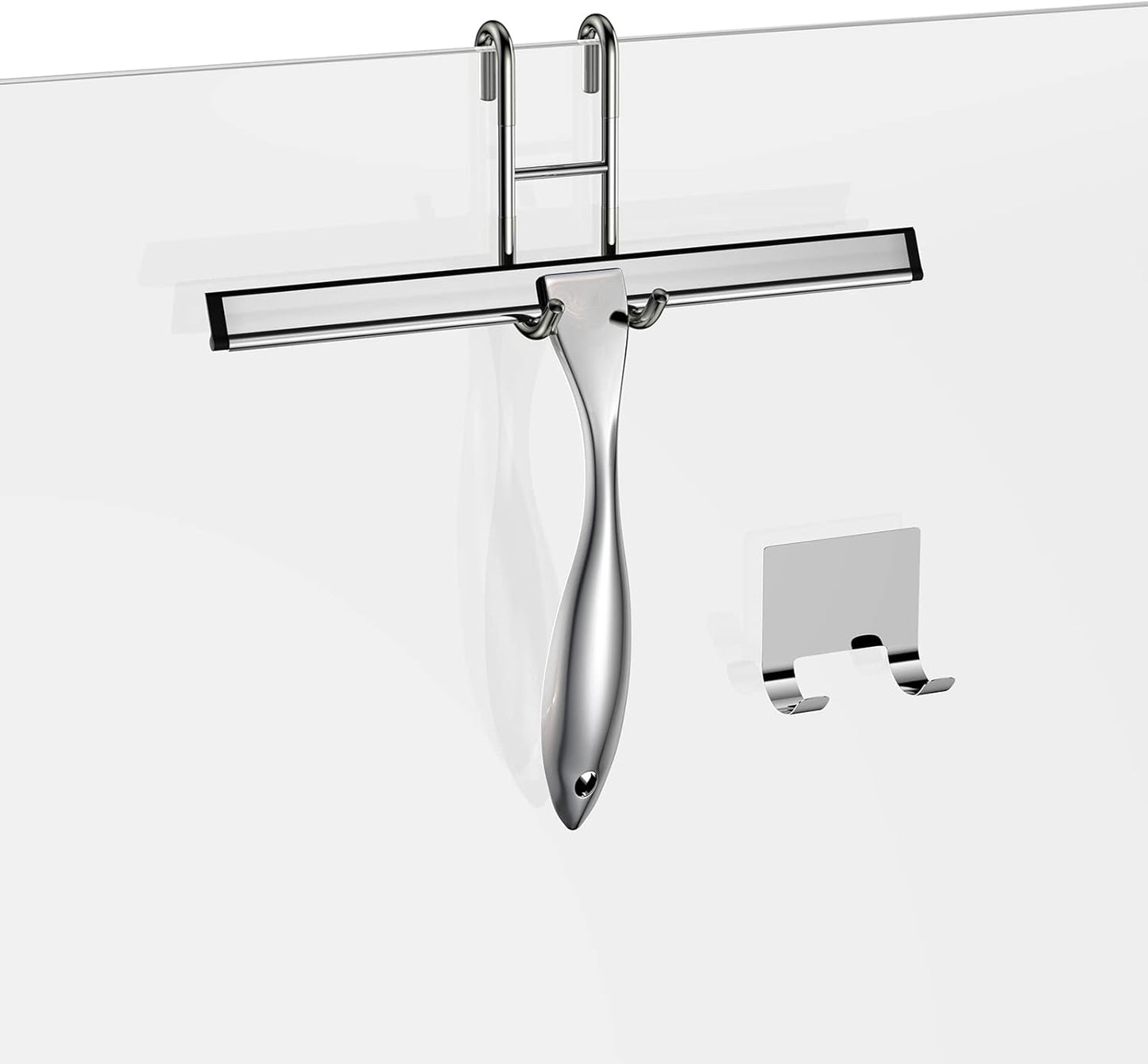 Shower Squeegee and Window Squeegee, Stainless Steel, 100% Streak-Free, Cleaner for Bathroom Showers Glass Doors, Home Mirrors, Car Windows Wiper, Adhesive Holder, Shower Door Hook, 10 Inch, Silver