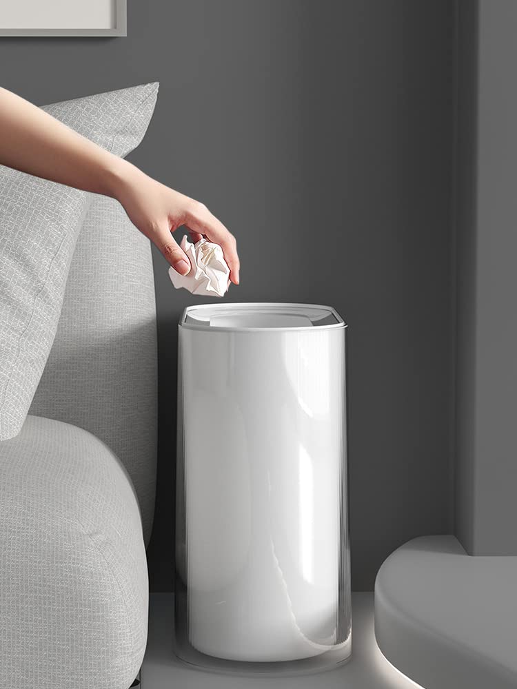 IEEK Small Waste Basket Slim Trash Can 3.2 Gallon/12L Clear and White Garbage Can Rectangle Plastic Wastebaskets Container Bin for Narrow Spaces Office,Bathroom, Bedroom,Kitchen,Living Room,Study