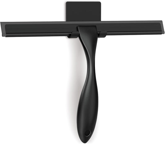 All-Purpose Stainless Steel Shower Squeegee for Glass Doors with Adhesive Hooks, Squeegee for Shower Glass, Bathroom Household Cleaner Tool for Window Mirror Tile Wall Car, 10 Inch Black