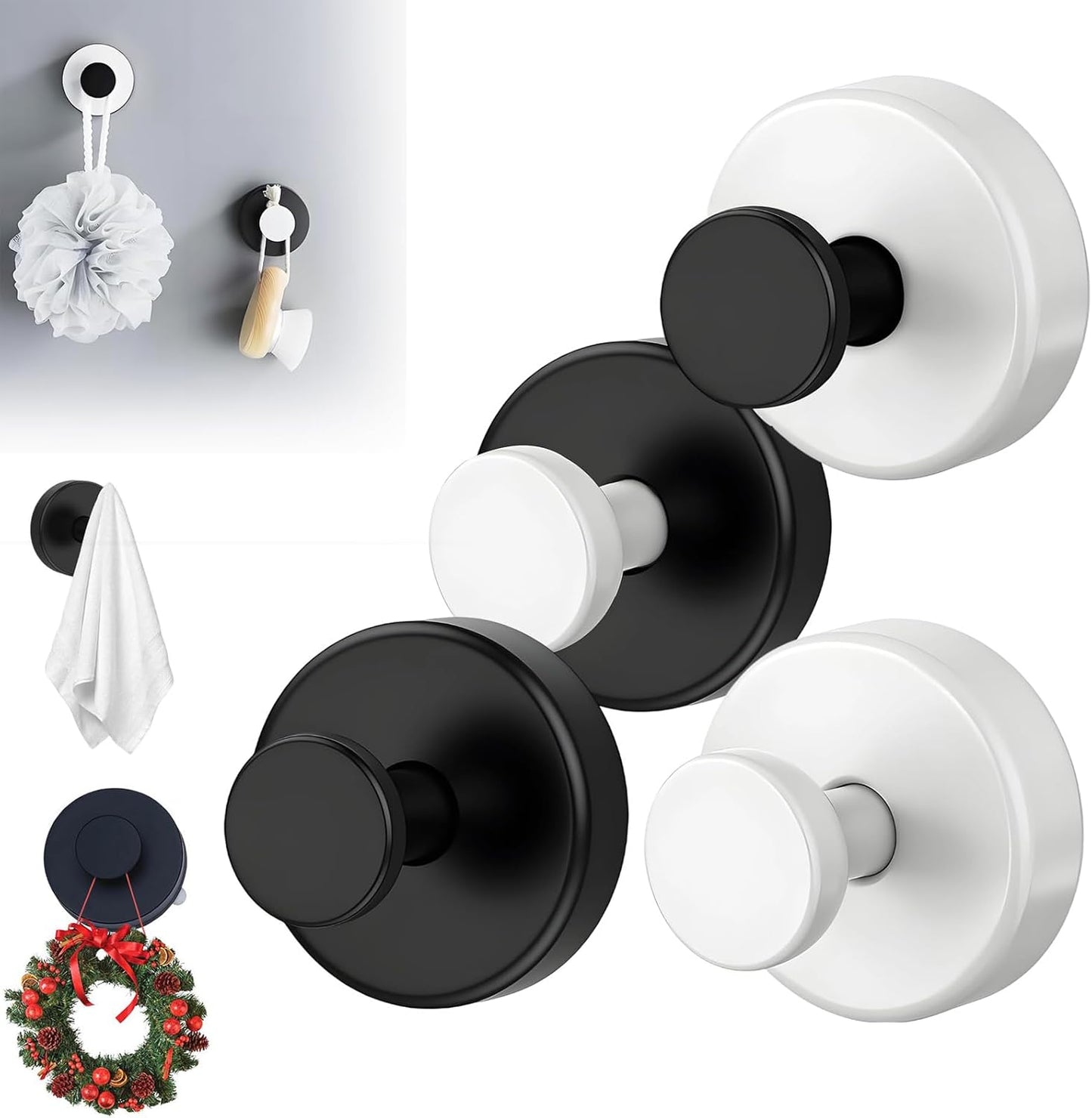 Suction Cup Hooks for Wreaths, 2025 New No Drill Suction Cup Hooks on Glass, Wreath Hanger for Front Door, Rustproof Hook Holder Towel Hook for Window Bathroom Mirrors Tile (4, Mix Color)