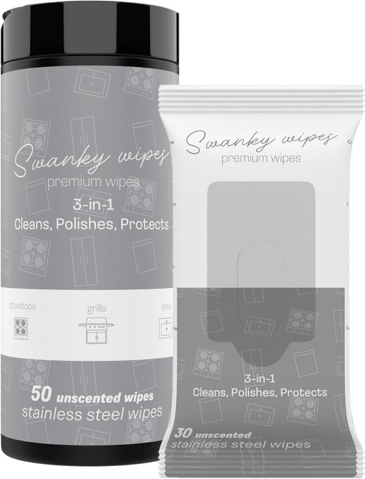 Swanky Stainless Steel Cleaner Wipes Bundle - Grime & Grease Remover Kitchen Cleaning Supplies - Clean & Shine for Stove, Refrigerator, Sink, Oven & Appliances - Soft Wipes (30 Ct) & Canister (50 Ct)