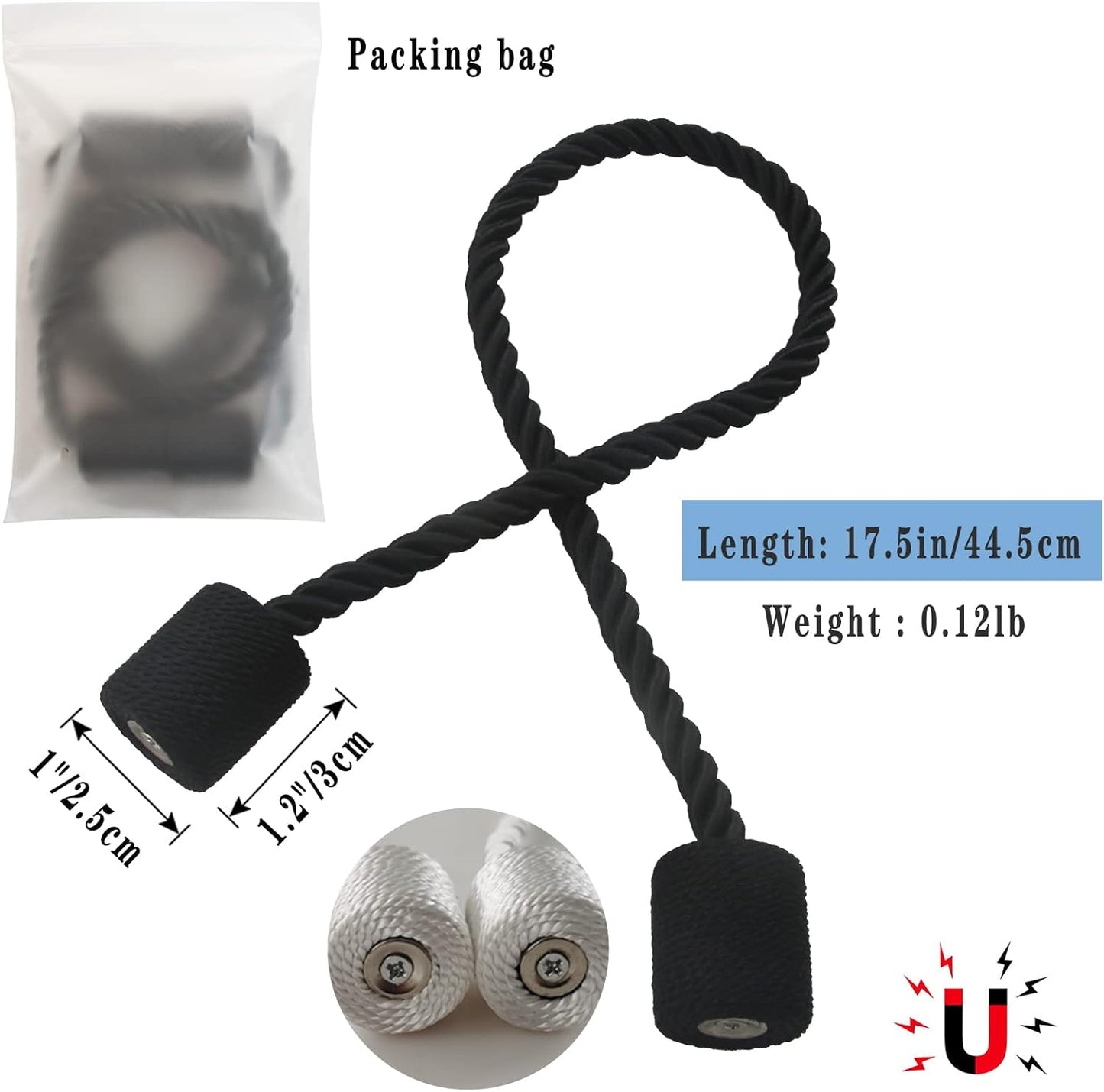 Magnetic Curtain Tiebacks 2 Pack Black Curtain Rope Tieback Curtain Holders for Drapes Modern Tie Backs Decorative Curtain Holdbacks