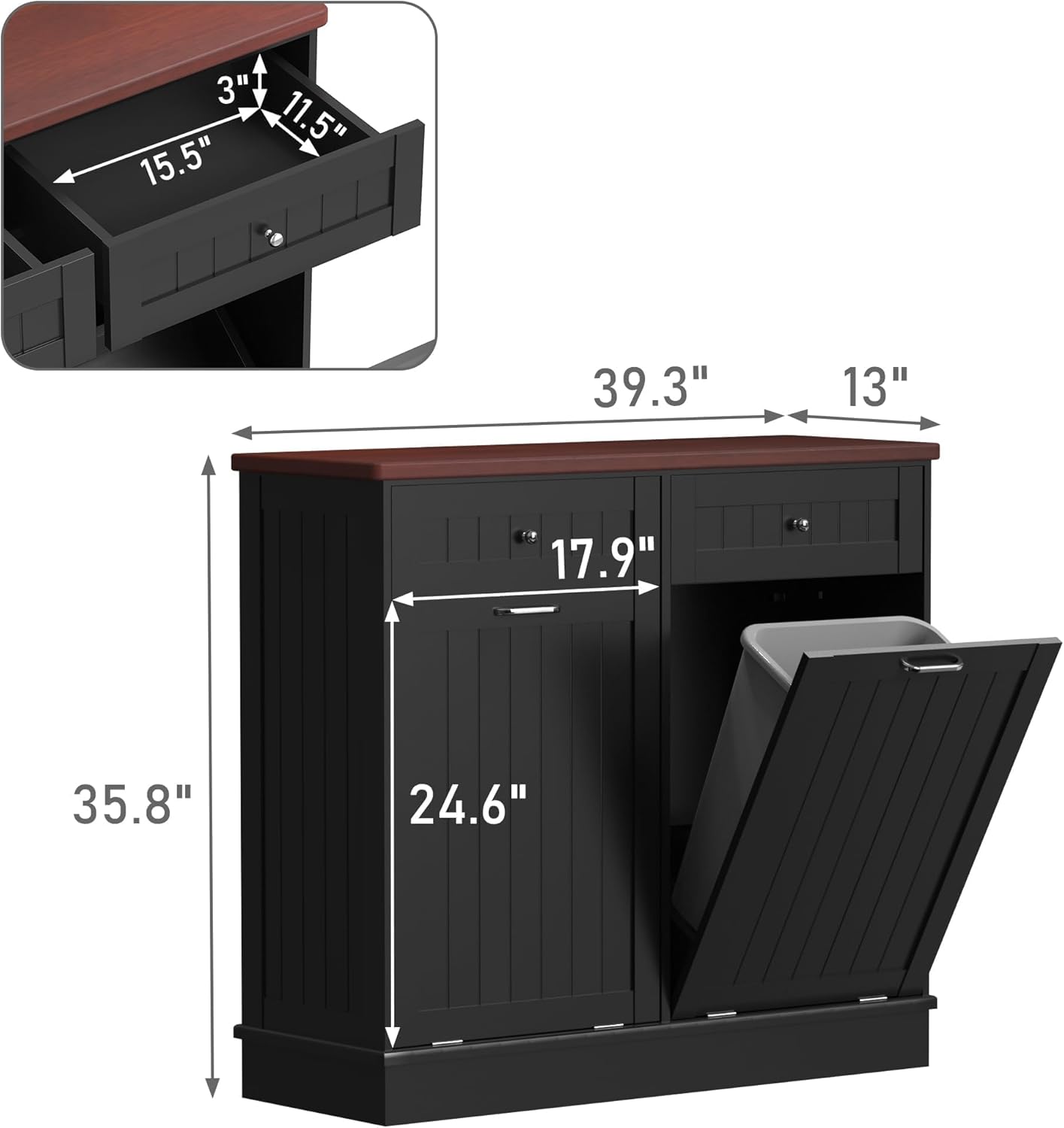 Betterhood Tilt Out Trash Cabinet 10 Gallon Wooden Free Standing Laundry Sorter Cabine,Recycling Cabine with Hideaway Drawer,Tilt Out Trash Cabinet Can Bin Kitchen