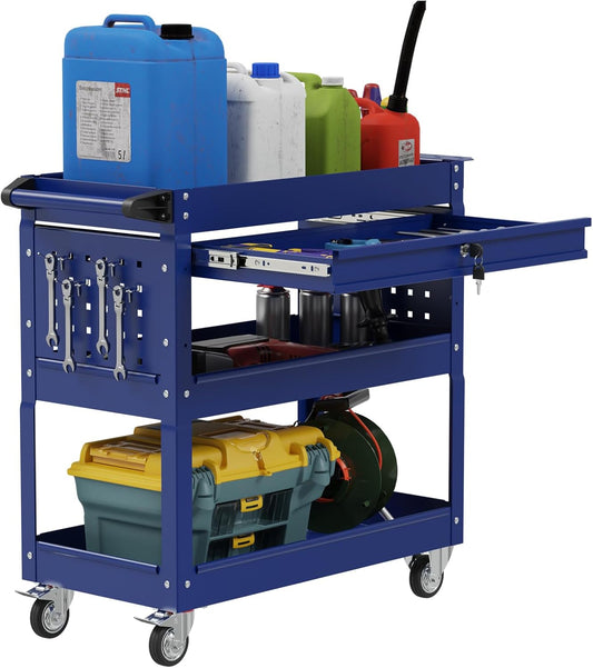 3 Tier Heavy Duty Tool Cart, Mechanic Metal Rolling Tool Carts Work Cart with Locked Drawers & Pegboard for Garage Workshop
