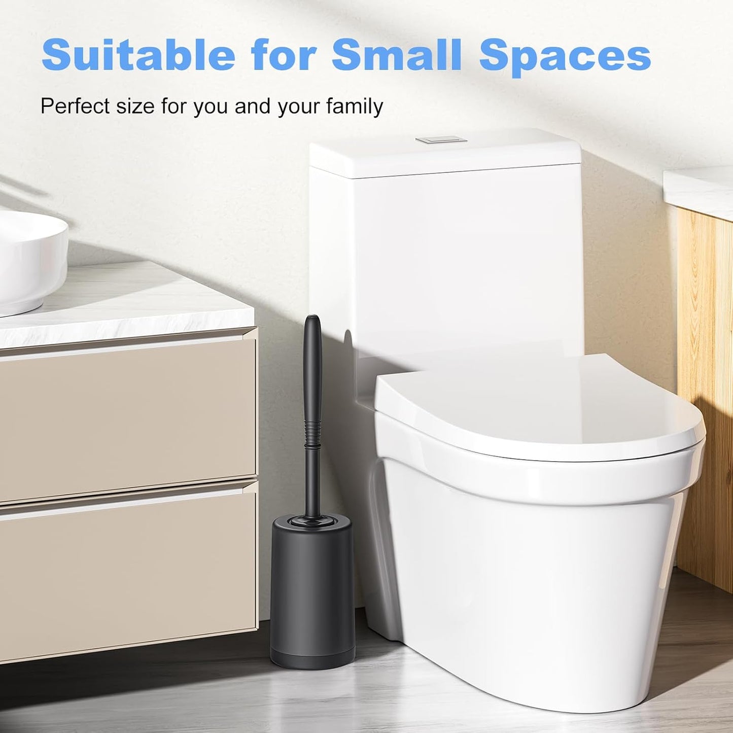 HAMITOR Toilet Bowl Brush Holder Set: Curved Design with Holder for Deep Cleaning Under Rim - Compact Hidden Scrubber for Small Space - Modern RV Bathroom Accessories - Black