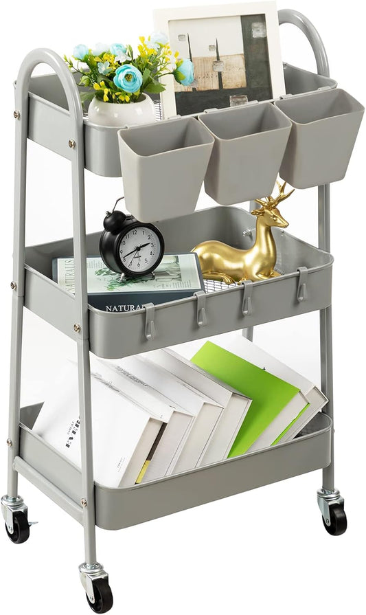 danpinera 3-Tier Rolling Cart, Metal Rolling Storage Cart with Lockable Wheels & Hanging Cups & Hooks, Mobile Trolley Cart for Kitchen, Bathroom, Office, Workshop, Gray