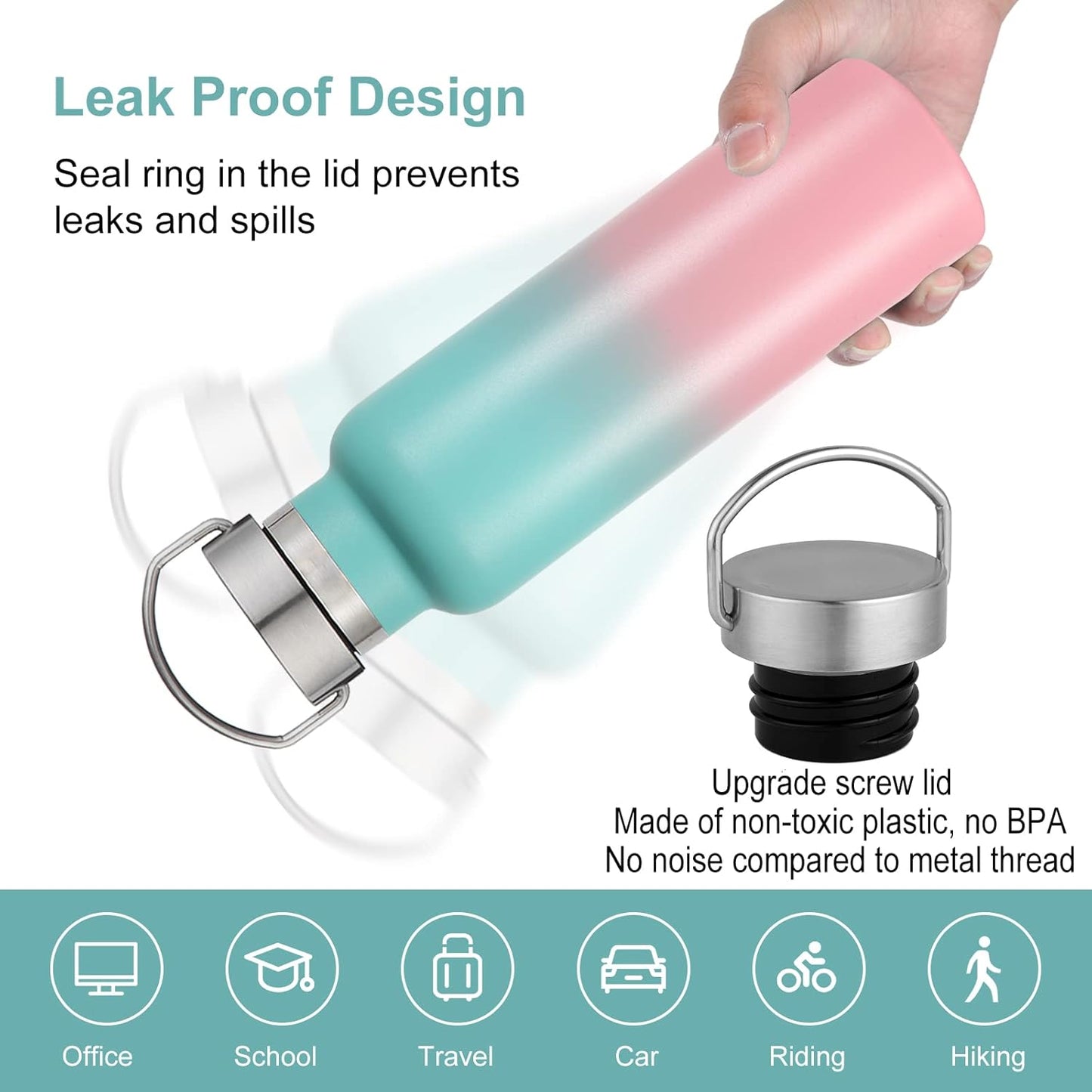 Neihepal 20 oz Insulated Water Bottles Bulk 4 Pack,Stainless Steel Double Wall Sport Bottle with Lid of Handle,Metal Reusable Thermoses Flask for School,Cyclists,Hikers,Gift (Green-Pink,Set of 4)