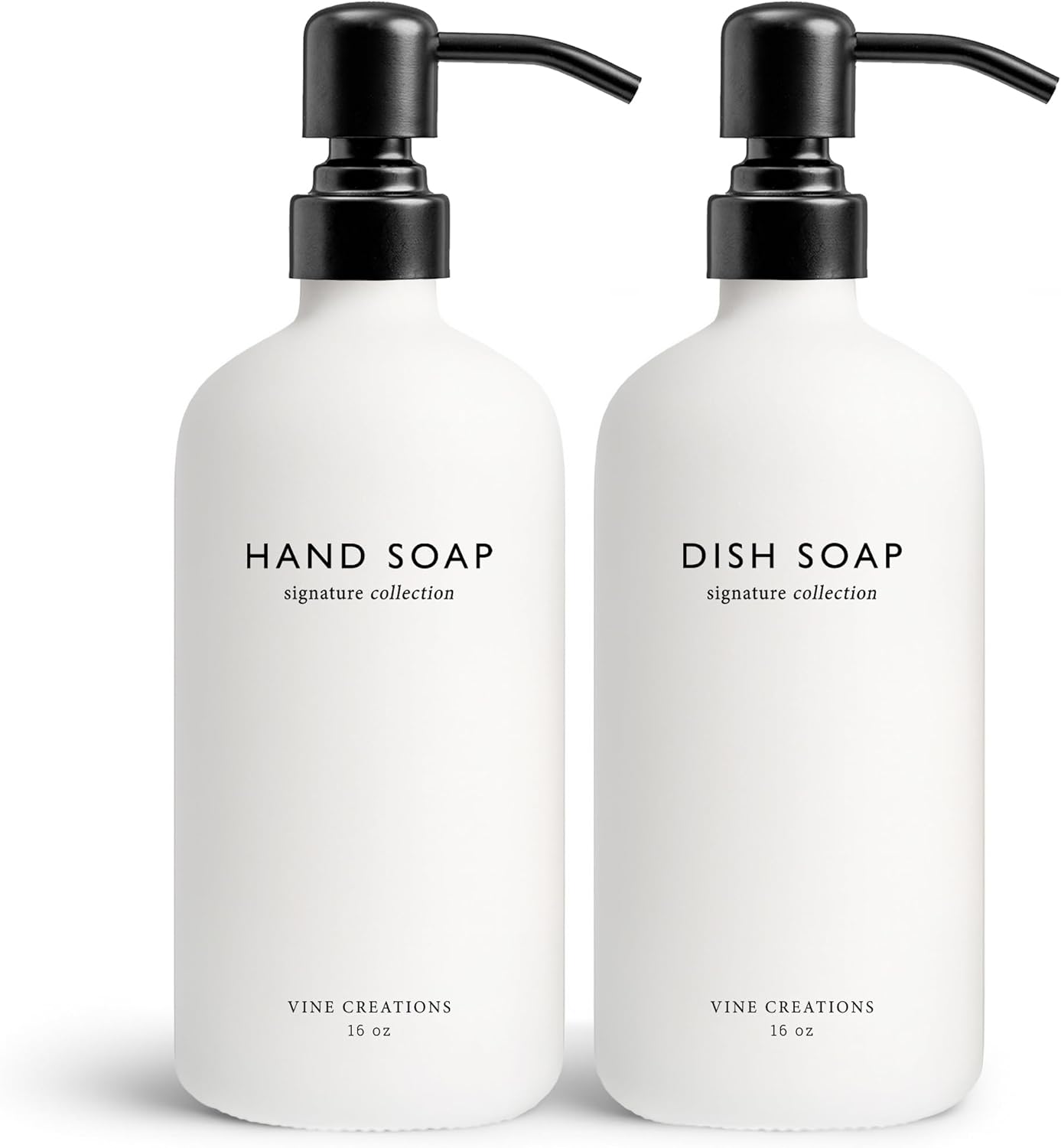 Vine Creations White Glass Soap Dispenser Set, Dish Soap and Hand Soap Dispenser Set with Stainless Steel Pump, 16 oz Glass Dispensers for Kitchen or Bathroom Decor (Matte White Bottle/Matte Black)