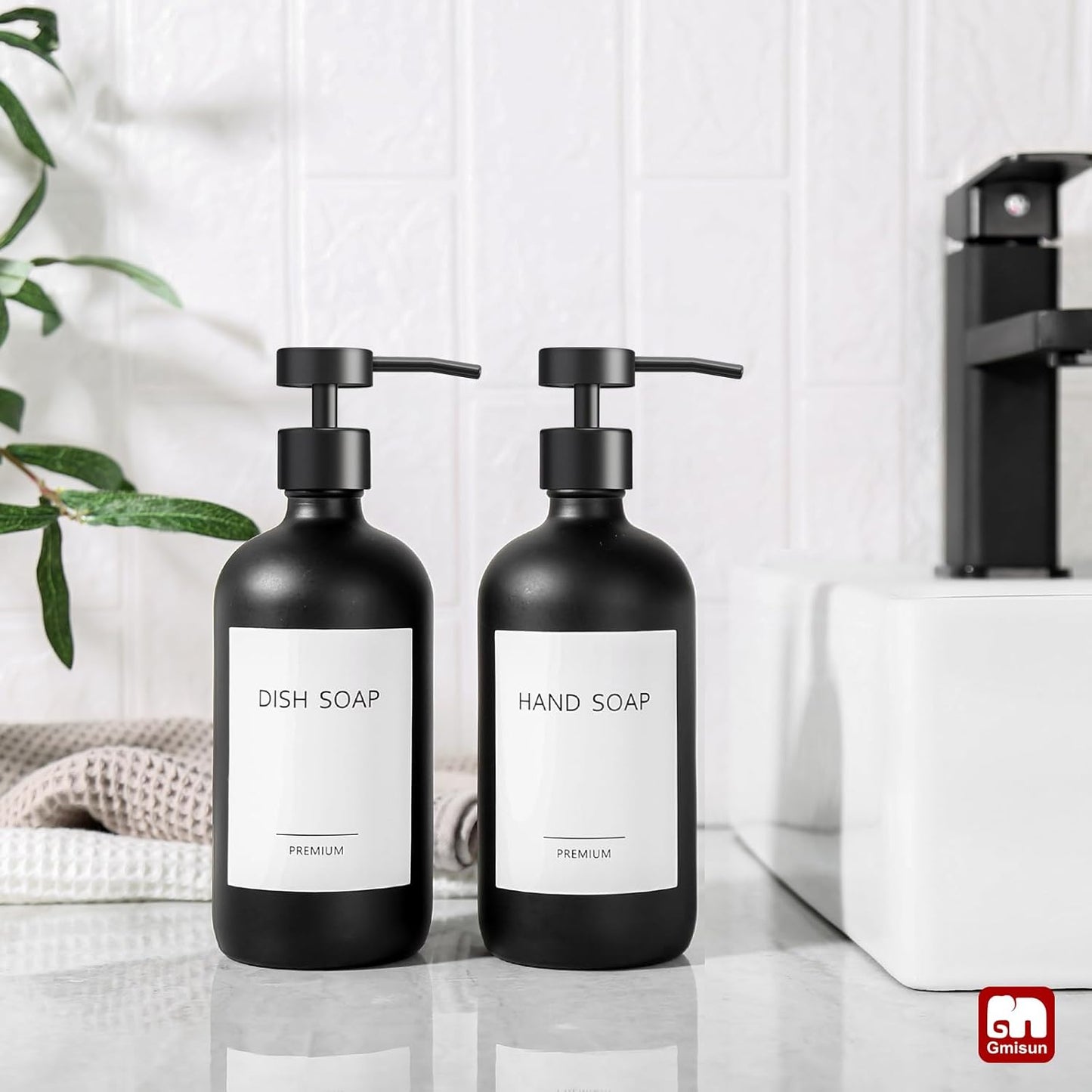 GMISUN Black Soap Dispenser, 2 Pack Matte Black Hand Soap Dispensers for Bathroom, 17 Fl Oz Glass Dish Soap Dispenser for Kitchen with Stainless Steel Pump, Modern Liquid Soap Bottle Set