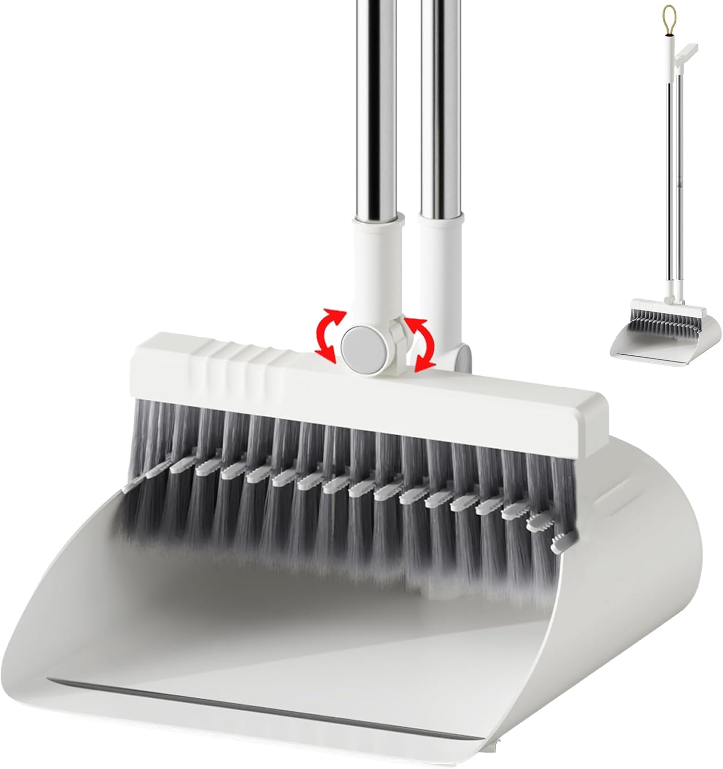 Upgrade Broom with Dustpan Combo Set, Broom and Dustpan Set with Adjustable Handle，Self-Cleaning Dustpans Teeth for Home Kitchen Office Hall Floor，ZeroGap Lip （White&Grey）