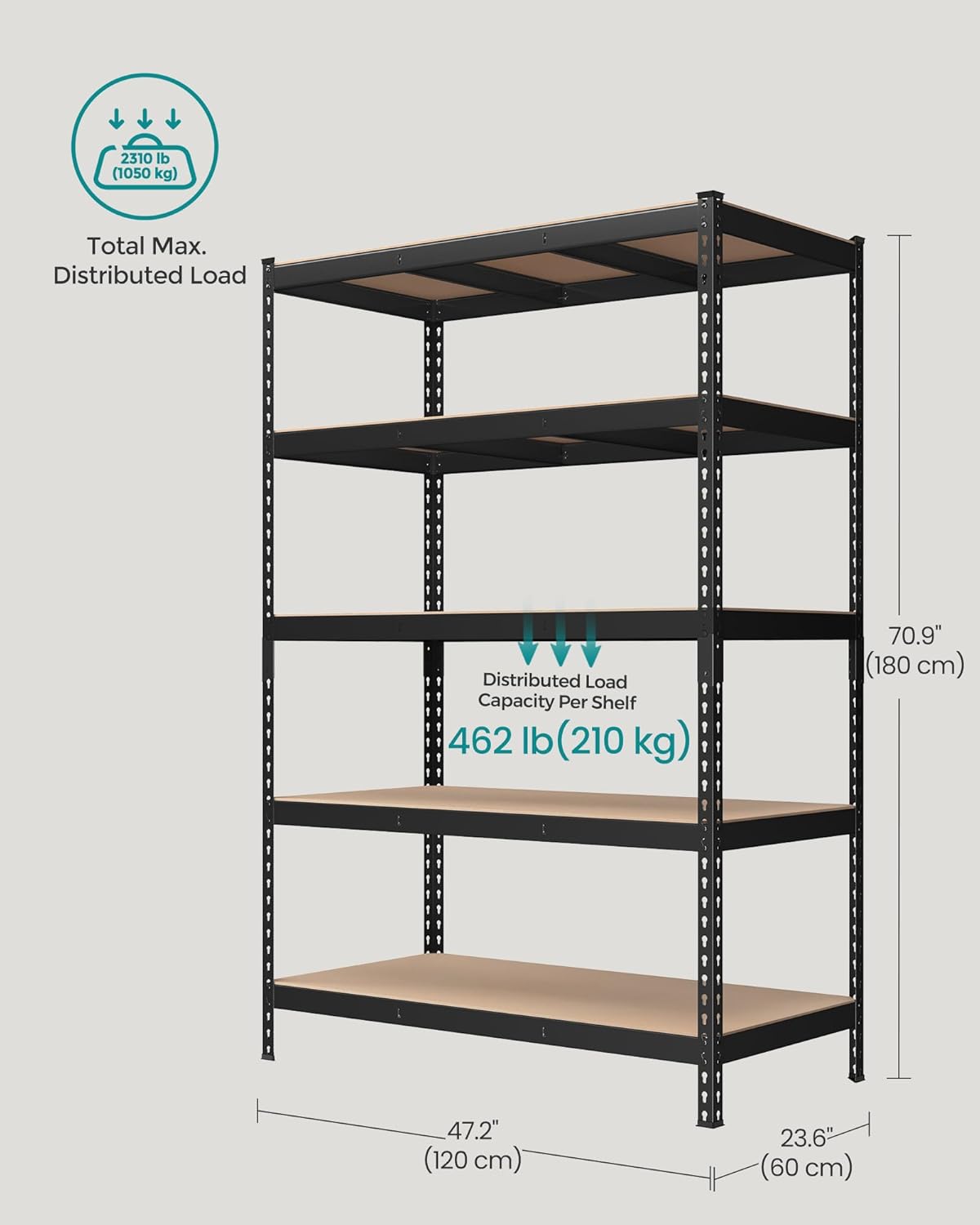 SONGMICS 5-Tier Storage Shelves, Load 2310 lb, Set of 2 Garage Storage, Boltless Assembly, Adjustable Shelving Unit, 23.6 x 47.2 x 70.9 Inches, for Study Shed Basement, Black UGLR600B02