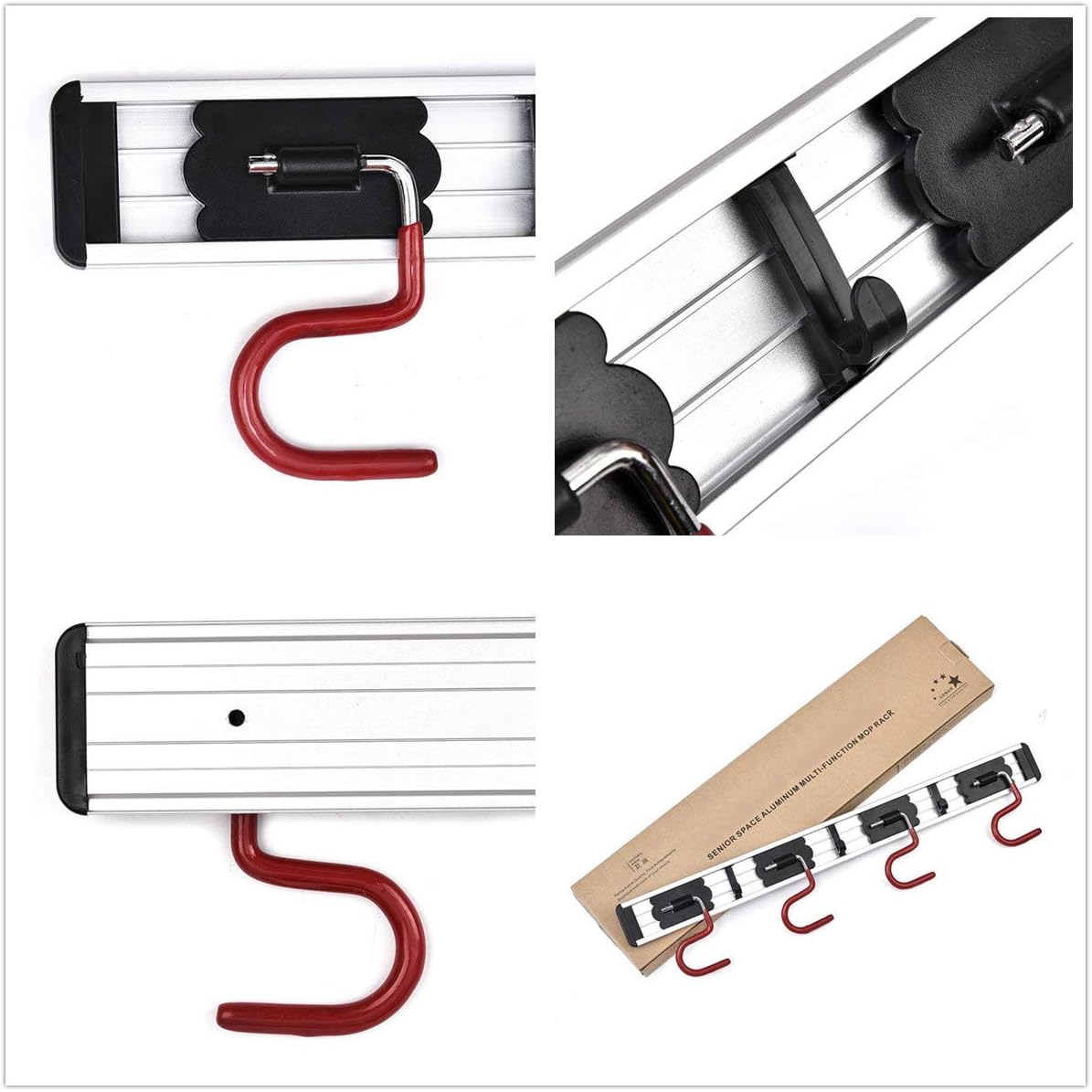 QBOSO Wall Mounted Mop and Broom Holder Stainless Steel S Type Broom Rack Anti-Slip Mop Organizer (17 Inches,4 Positions 3 Hooks, Red black) (17inch)