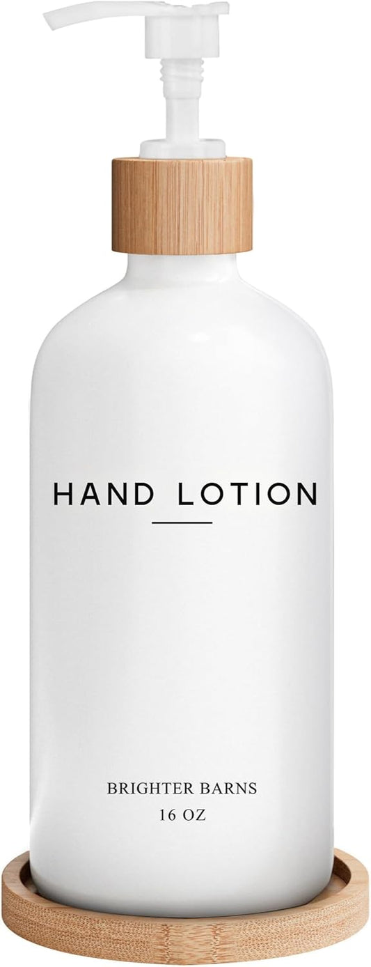 White Glass Lotion Dispenser with Pump Bathroom Set by Brighter Barns - Hand Lotion Dispenser with Tray - Modern Bathroom Decor - Boho Bedroom Decor for Housewarming Gift, Airbnb, Hotel (White)