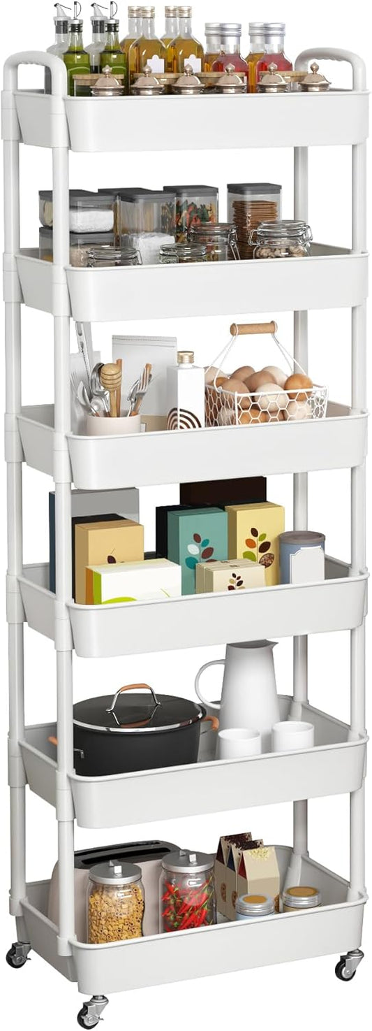 Sywhitta 6-Tier Plastic Rolling Utility Cart with Handle, Multi-Functional Storage Trolley for Office, Living Room, Kitchen, Movable Storage Organizer with Wheels, White