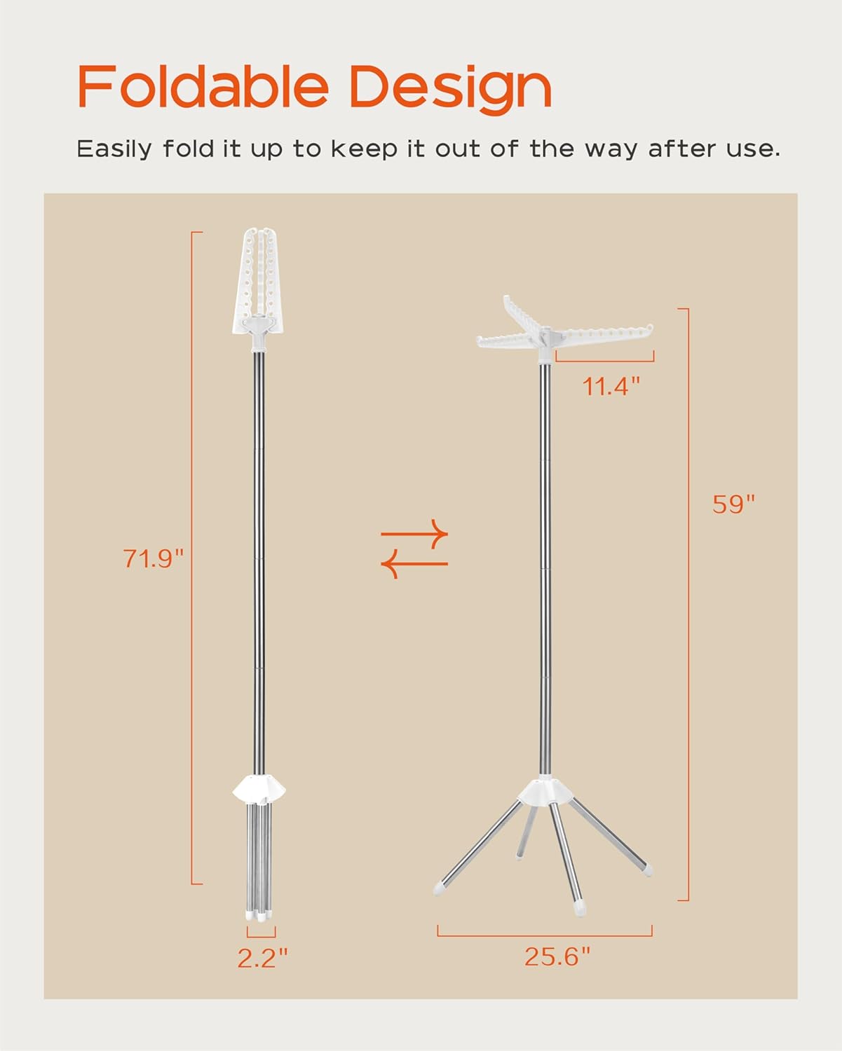 Clothes Drying Rack Foldable, 59 inch Tripod Laundry Drying Rack Indoor with Rotating Clothes Rail for 27 Pieces of Clothes, Space Saving, Stainless Steel, White and Silver CDR001W01